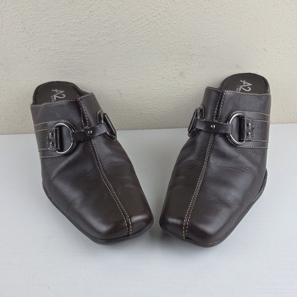 A2 by Aerosoles Snapezoid Brown Leather Mule Square Toe Comfort Shoes Women's 8M